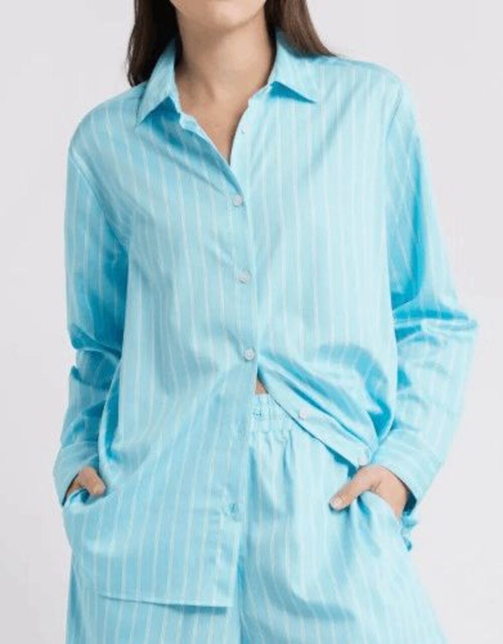 French Connection Women's Size Medium Blue Lagoon Alexis Poplin Stripe Shirt
